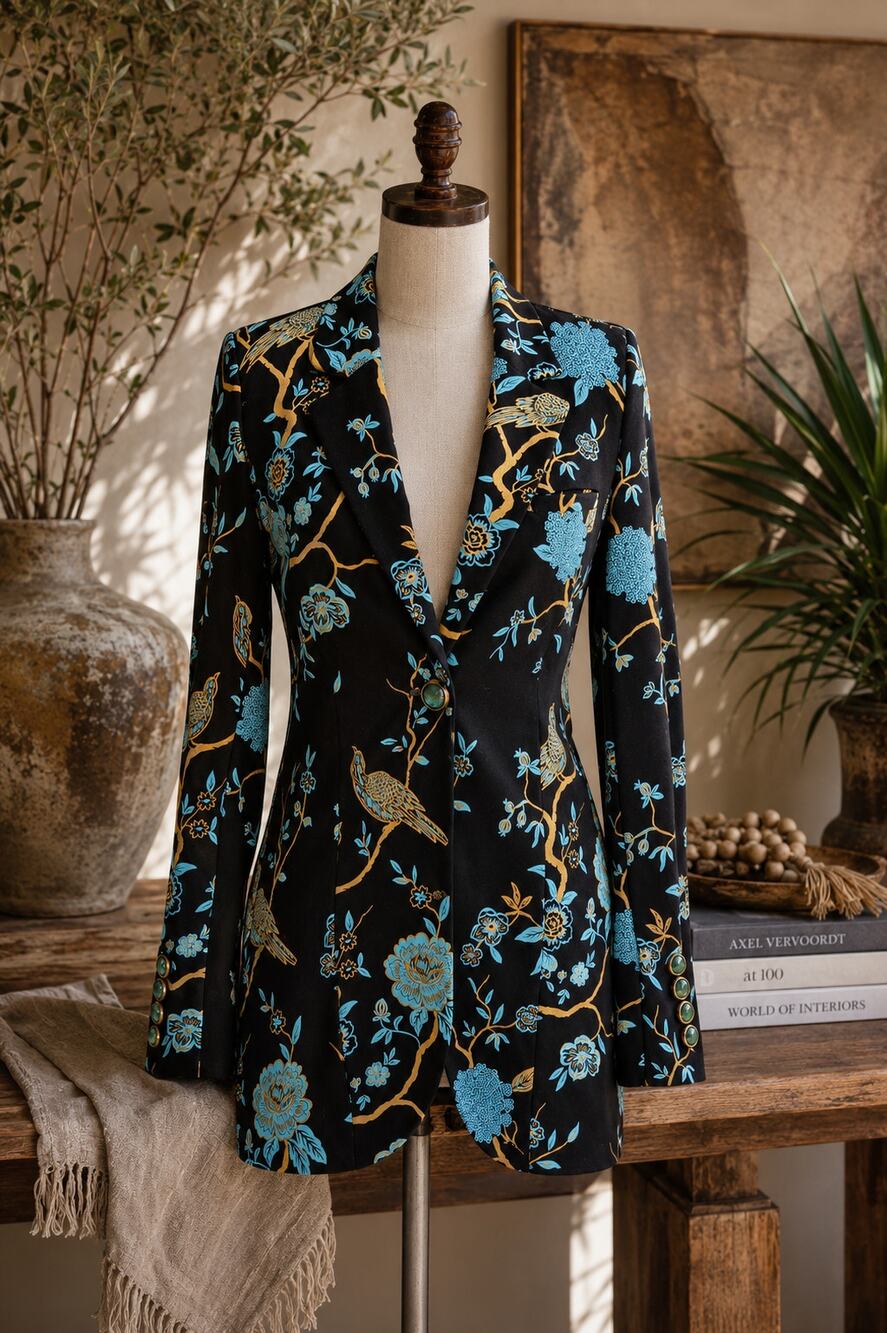 Soft Surroundings Bird Print Jeweled Button Longline Blazer XS NWT